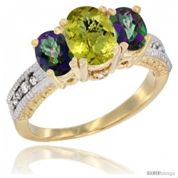 14k Yellow Gold Ladies Oval Natural Lemon Quartz 3-Stone Ring with Mystic Topaz Sides Diamond Accent