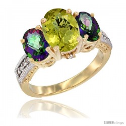 14K Yellow Gold Ladies 3-Stone Oval Natural Lemon Quartz Ring with Mystic Topaz Sides Diamond Accent