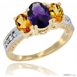 14k Yellow Gold Ladies Oval Natural Amethyst 3-Stone Ring with Citrine Sides Diamond Accent