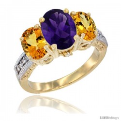 14K Yellow Gold Ladies 3-Stone Oval Natural Amethyst Ring with Citrine Sides Diamond Accent