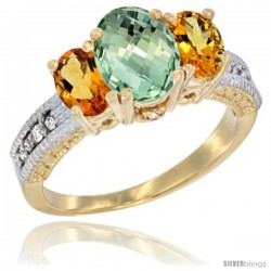 14k Yellow Gold Ladies Oval Natural Green Amethyst 3-Stone Ring with Citrine Sides Diamond Accent