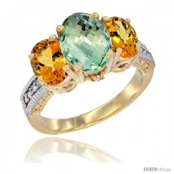 14K Yellow Gold Ladies 3-Stone Oval Natural Green Amethyst Ring with Citrine Sides Diamond Accent