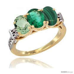 10K Yellow Gold Natural Green Amethyst, Emerald & Malachite Ring 3-Stone Oval 7x5 mm Diamond Accent