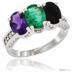 10K White Gold Natural Amethyst, Emerald & Black Onyx Ring 3-Stone Oval 7x5 mm Diamond Accent