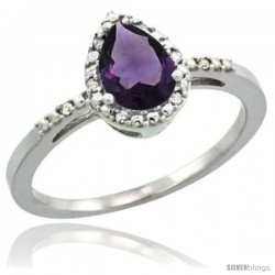 10k White Gold Diamond Amethyst Ring 0.59 ct Tear Drop 7x5 Stone 3/8 in wide