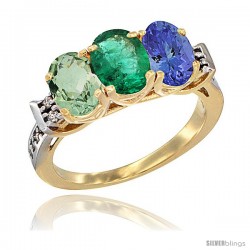 10K Yellow Gold Natural Green Amethyst, Emerald & Tanzanite Ring 3-Stone Oval 7x5 mm Diamond Accent