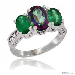 14K White Gold Ladies 3-Stone Oval Natural Mystic Topaz Ring with Emerald Sides Diamond Accent