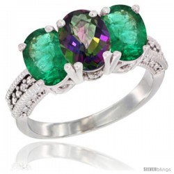 14K White Gold Natural Mystic Topaz & Emerald Sides Ring 3-Stone 7x5 mm Oval Diamond Accent