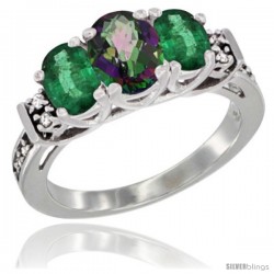 14K White Gold Natural Mystic Topaz & Emerald Ring 3-Stone Oval with Diamond Accent