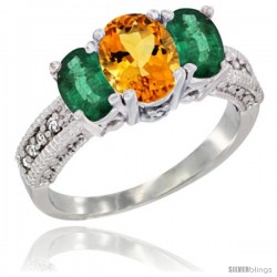 14k White Gold Ladies Oval Natural Citrine 3-Stone Ring with Emerald Sides Diamond Accent