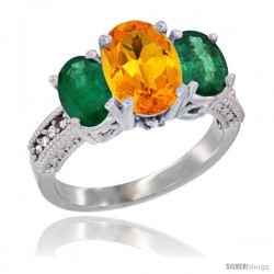 14K White Gold Ladies 3-Stone Oval Natural Citrine Ring with Emerald Sides Diamond Accent