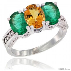 14K White Gold Natural Citrine & Emerald Sides Ring 3-Stone 7x5 mm Oval Diamond Accent