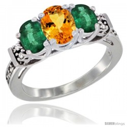 14K White Gold Natural Citrine & Emerald Ring 3-Stone Oval with Diamond Accent