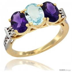 10K Yellow Gold Natural Aquamarine & Amethyst Sides Ring 3-Stone Oval 7x5 mm Diamond Accent