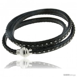 Surgical Steel Italian Leather Wrap Massai Bracelet Swarovski Crystal inlay w/ Super Magnet Clasp, Color Gray