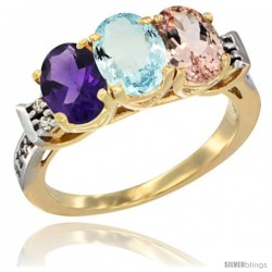 10K Yellow Gold Natural Amethyst, Aquamarine & Morganite Ring 3-Stone Oval 7x5 mm Diamond Accent