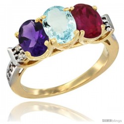 10K Yellow Gold Natural Amethyst, Aquamarine & Ruby Ring 3-Stone Oval 7x5 mm Diamond Accent