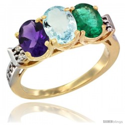 10K Yellow Gold Natural Amethyst, Aquamarine & Emerald Ring 3-Stone Oval 7x5 mm Diamond Accent