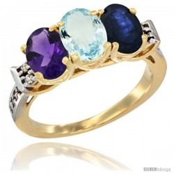 10K Yellow Gold Natural Amethyst, Aquamarine & Blue Sapphire Ring 3-Stone Oval 7x5 mm Diamond Accent