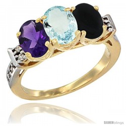 10K Yellow Gold Natural Amethyst, Aquamarine & Black Onyx Ring 3-Stone Oval 7x5 mm Diamond Accent