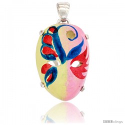 Sterling Silver Venetian Carnival Mask Pendant Hand Painted Ceramic Yellow-Pink Italy 1 1/8 in