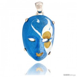 Sterling Silver Venetian Carnival Mask Pendant Hand Painted Ceramic Blue-White Italy 1 1/8 in