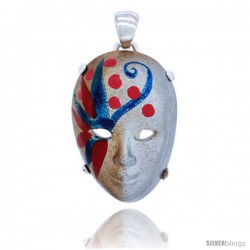 Sterling Silver Venetian Carnival Mask Pendant Hand Painted Ceramic Silver-Gold Italy 1 1/8 in