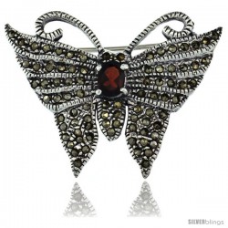 Sterling Silver Marcasite Butterfly Brooch Pin w/ Oval Cut Garnet Stone, 1 1/4 in (32 mm) tall