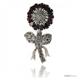 Sterling Silver Marcasite Large Sunflower Brooch Pin w/ Pear Cut Garnet Stones, 2 1/2 in (62 mm) tall