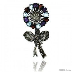 Sterling Silver Marcasite Large Sunflower Brooch Pin w/ Pear Cut Garnet, Amethyst & Blue Topaz Stones, 2 1/2 in (62 mm) tall