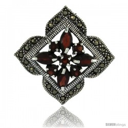 Sterling Silver Marcasite Clover Brooch Pin w/ Round & Marquise Cut Garnet Stones, 1 1/2 in (38 mm) tall