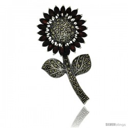 Sterling Silver Marcasite Large Sunflower Brooch Pin w/ Marquise Cut Garnet Stones, 2 1/2 in (62 mm) tall