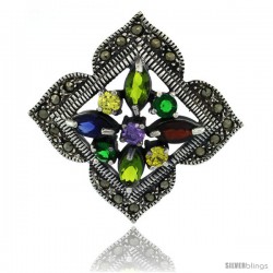 Sterling Silver Marcasite Clover Brooch Pin w/ Round & Marquise Cut Multi Colored Stones, 1 1/2 in (38 mm) tall