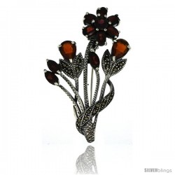 Sterling Silver Marcasite Flower Cluster Brooch Pin w/ Round, Pear, Oval & Marquise Cut Garnet Stones, 2 1/4 in (57 mm) tall