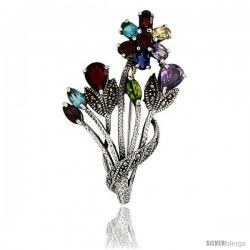 Sterling Silver Marcasite Flower Cluster Brooch Pin w/ Round, Pear, Oval & Marquise Cut Multi Color Stones, 2 1/4 in (57 mm)