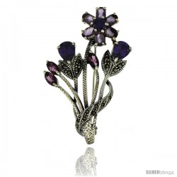 Sterling Silver Marcasite Flower Cluster Brooch Pin w/ Round, Pear, Oval & Marquise Cut Amethyst Stones, 2 1/4 in (57 mm) tall