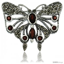 Sterling Silver Marcasite Butterfly Brooch Pin w/ Round, Oval & Marquise Cut Garnet Stones, 1 1/4 in (32 mm) tall