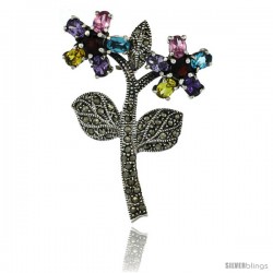 Sterling Silver Marcasite Double Flower Brooch Pin w/ Round & Oval Cut Multi Color Stones, 2 3/16 in (55 mm) tall