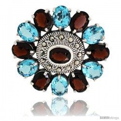 Sterling Silver Marcasite Large Flower Brooch Pin w/ Oval Cut Garnet & Blue Topaz Stones, 1 1/2 in (40 mm)