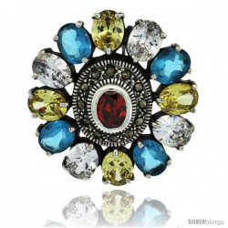 Sterling Silver Marcasite Large Flower Brooch Pin w/ Oval Cut Multi Color Stones, 1 1/2 in (40 mm)