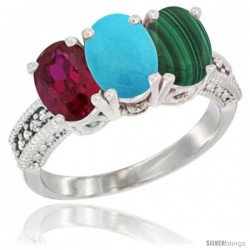 10K White Gold Natural Ruby, Turquoise & Malachite Ring 3-Stone Oval 7x5 mm Diamond Accent