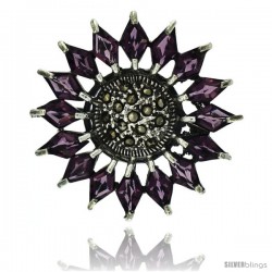 Sterling Silver Marcasite Flower Brooch Pin w/ Diamond Shape Amethyst Stones, 1 1/2 in (38 mm)