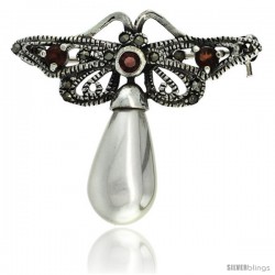 Sterling Silver Marcasite Butterfly Brooch Pin w/ Round Garnet Stones & Faux Pearl, 1 1/4 in (31 mm) tall