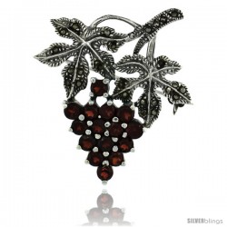 Sterling Silver Marcasite Grape Cluster Brooch Pin w/ Round Garnet Stones, 1 1/2 in (40 mm) tall