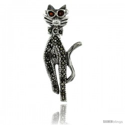 Sterling Silver Marcasite Cool Cat Brooch Pin w/ Round Garnet Stones, 1 7/16 in (36 mm) tall