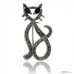 Sterling Silver Marcasite Cut-out Cat Brooch Pin w/ Marquise Cut Garnet Stones, 1 3/4 in (46 mm) tall