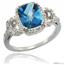 14k White Gold Diamond London Blue Topaz Ring 2 ct Checkerboard Cut Cushion Shape 9x7 mm, 1/2 in wide