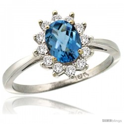 14k White Gold Diamond Halo London Blue Topaz Ring 0.85 ct Oval Stone 7x5 mm, 1/2 in wide