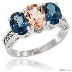 14K White Gold Natural Morganite & London Blue Topaz Sides Ring 3-Stone 7x5 mm Oval Diamond Accent