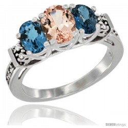 14K White Gold Natural Morganite & London Blue Ring 3-Stone Oval with Diamond Accent